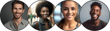 Four smiling diverse individuals showcased in a row of circular frames.