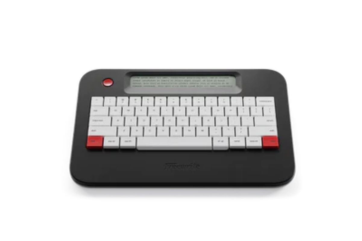 Electronic writing pad with a QWERTY keyboard and display screen on a black background.