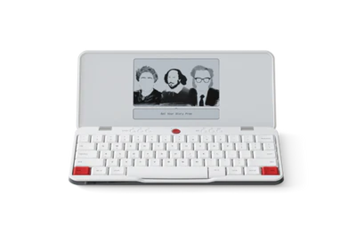 White laptop with portrait of three famous historical figures on screen.